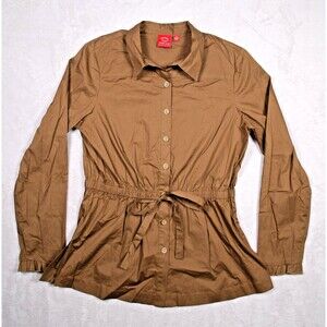 Vintage Oscar de la Renta Brown Caramel Elastic Tie Waist Button Down Blouse 12